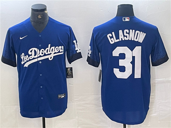 Los Angeles Dodgers #31 Tyler Glasnow Blue City Connect Cool Base Stitched Jersey - Click Image to Close